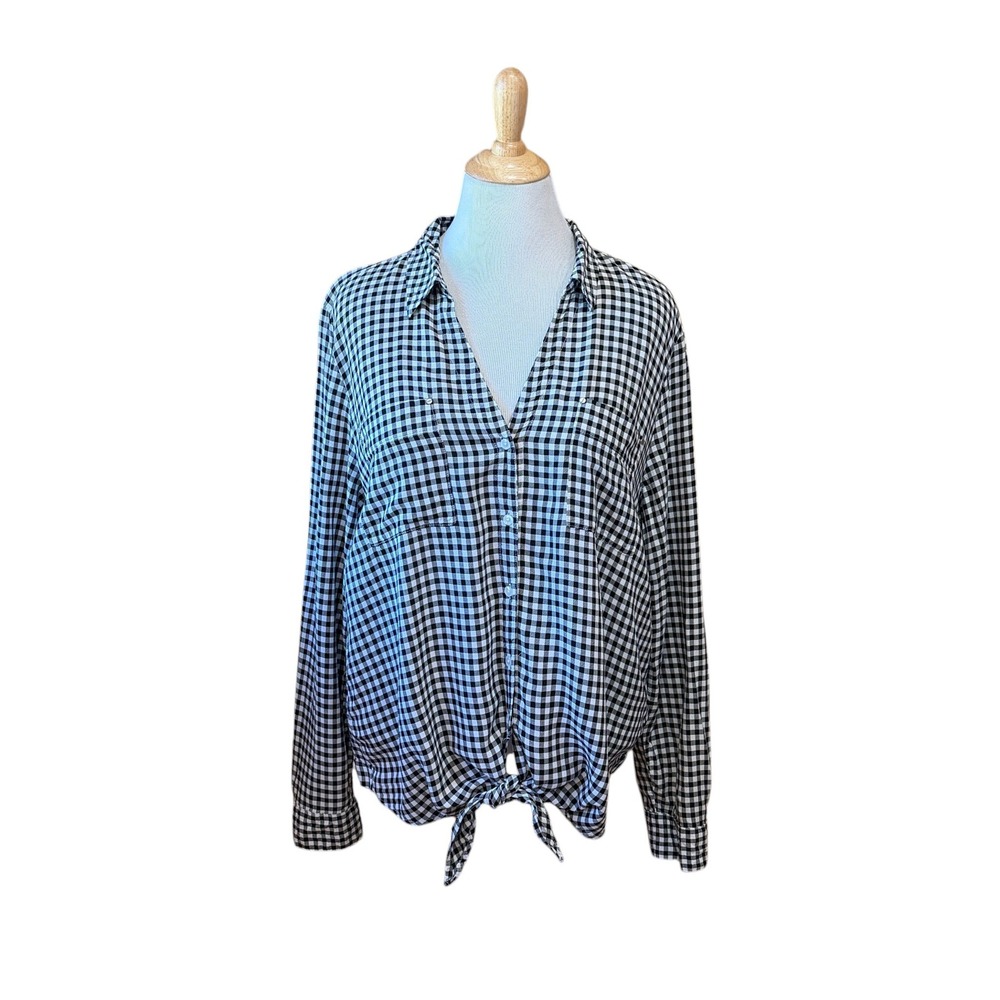 Jones New York XXL Gingham Tie Front Button Down Shirt Black White Viscose Top
